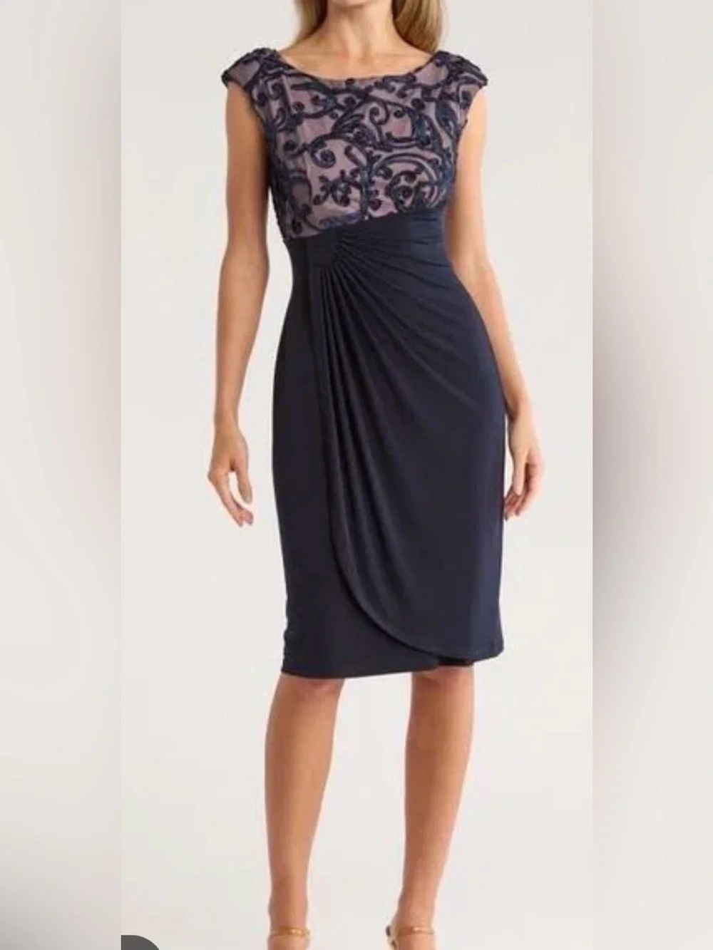 Connected Apparel Black Floral Lace Bodice Slimming Draped Waist Midi Dress Sz 6 - Picture 8 of 9